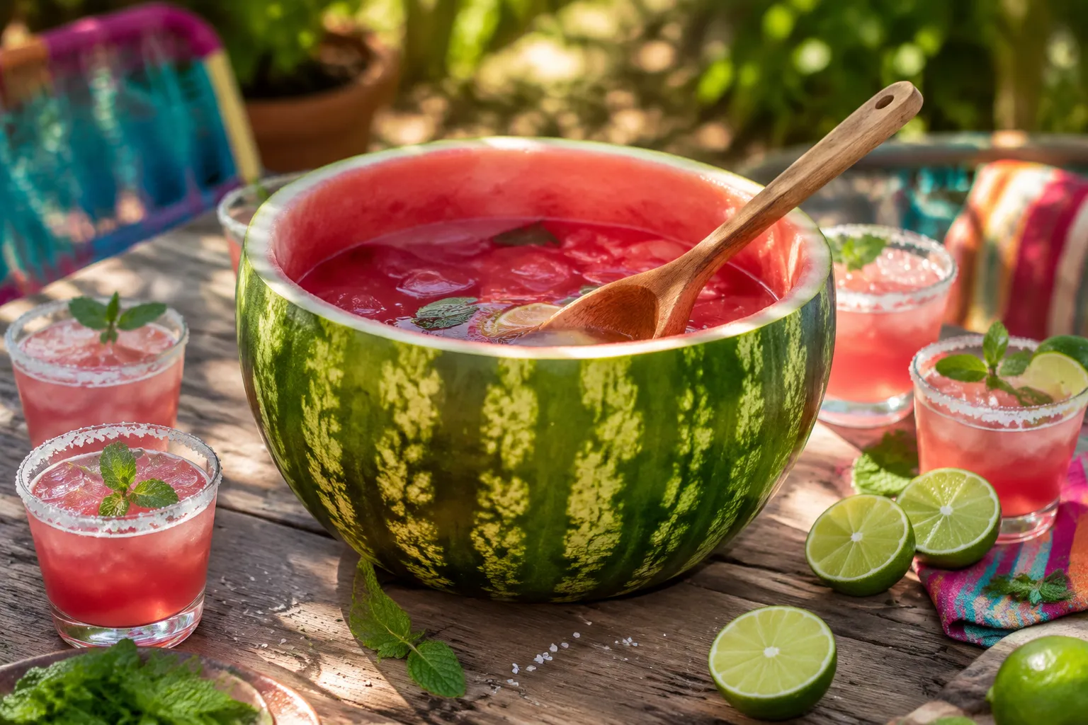 Watermelon margarita in a watermelon bowl for a summer party