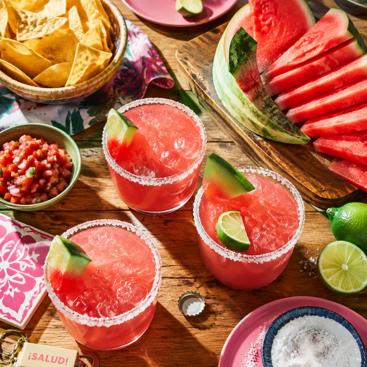 Watermelon margaritas served with chips and salsa for a summer cookout