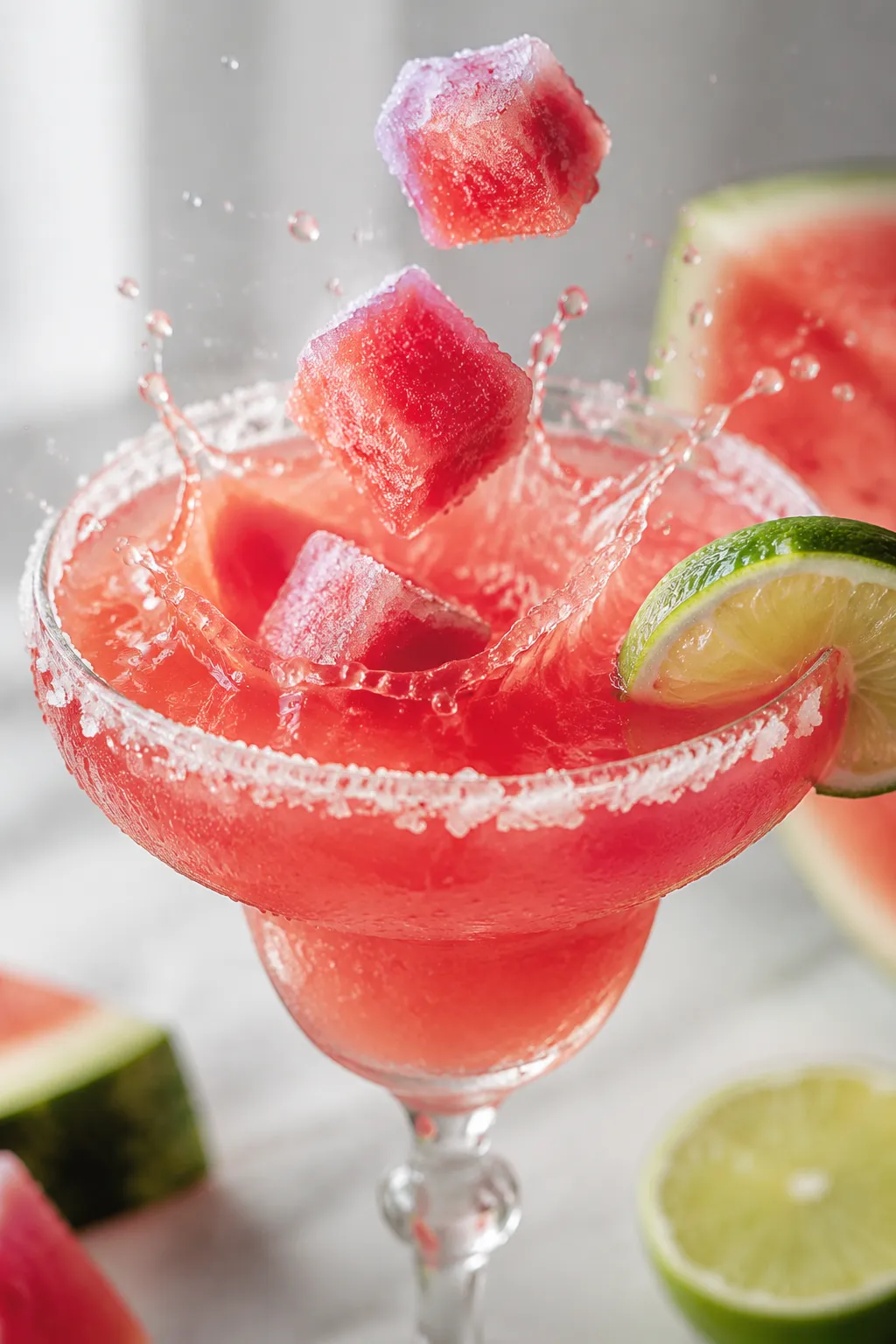 Frozen watermelon cubes added to a watermelon cocktail recipe instead of ice
