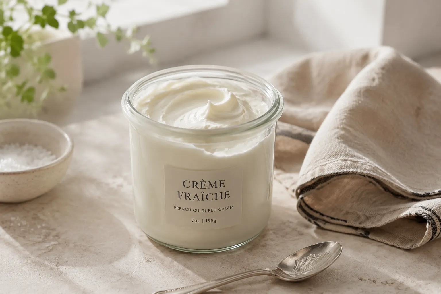 homemade crème fraîche in a glass jar with spoon