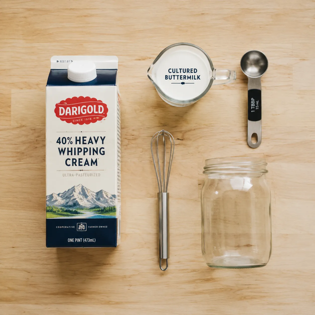 ingredients for creme creme fraiche with heavy cream and cultured buttermilk