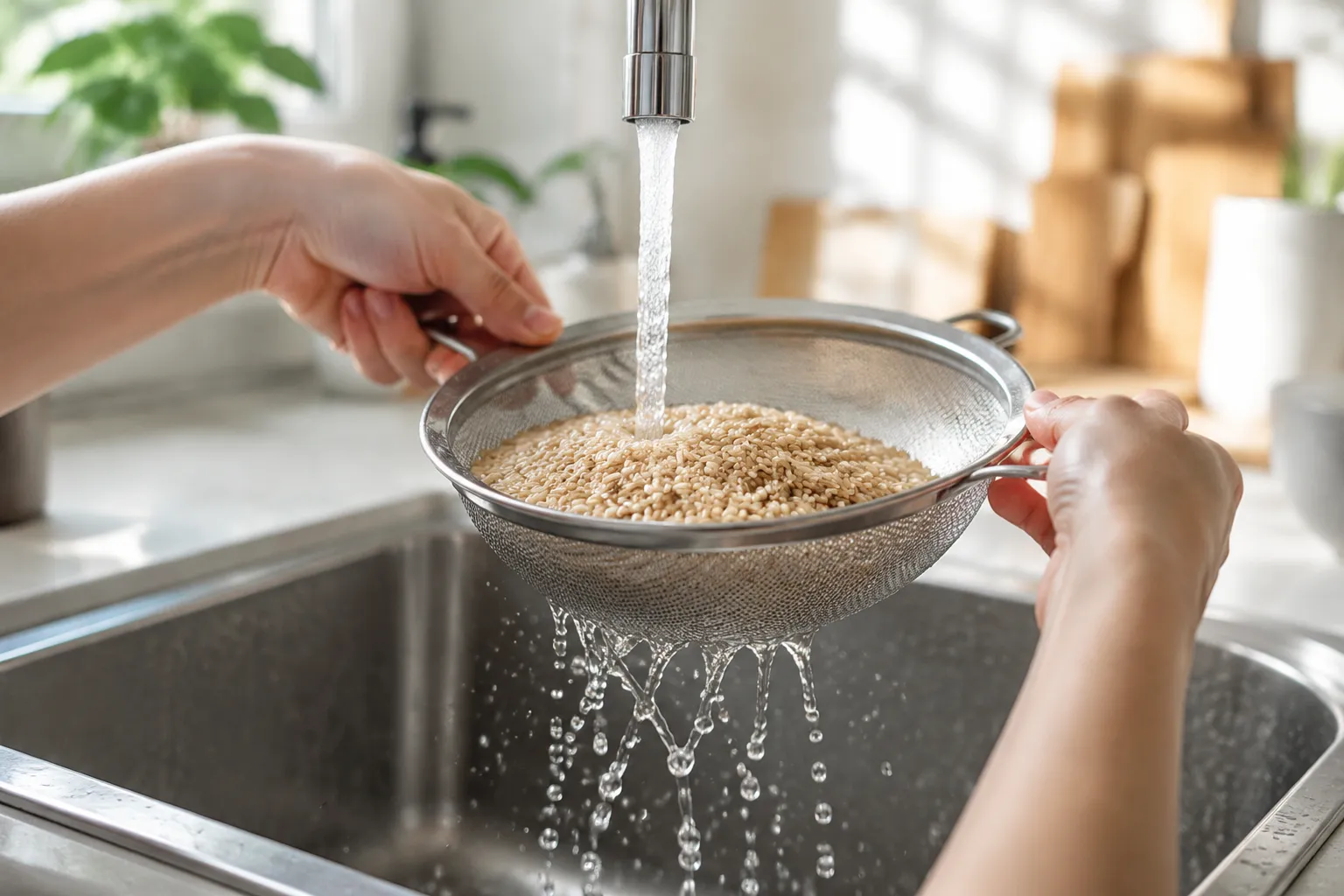 Rinsing brown rice in a fine mesh strainer