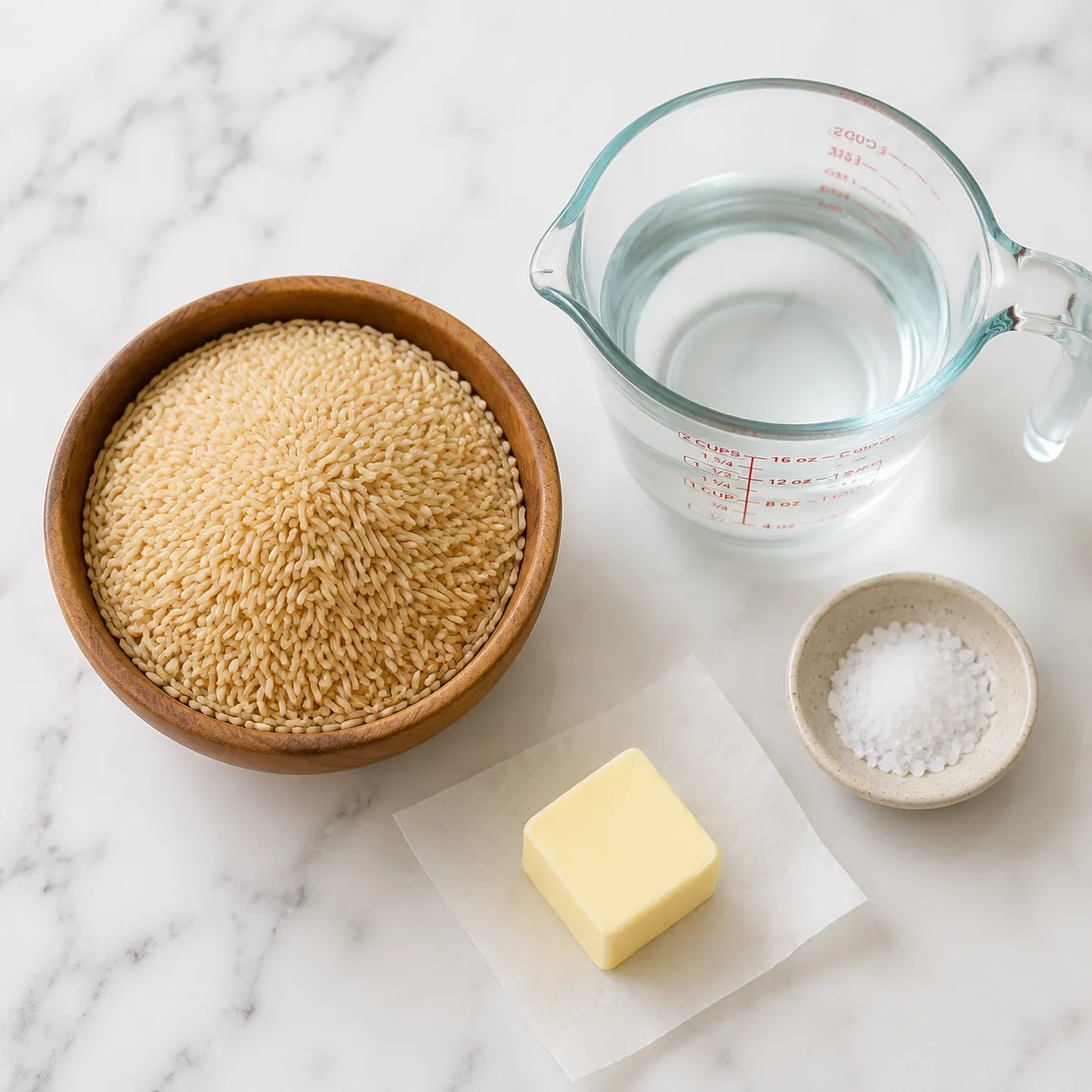 Ingredients for cooking brown rice flatlay