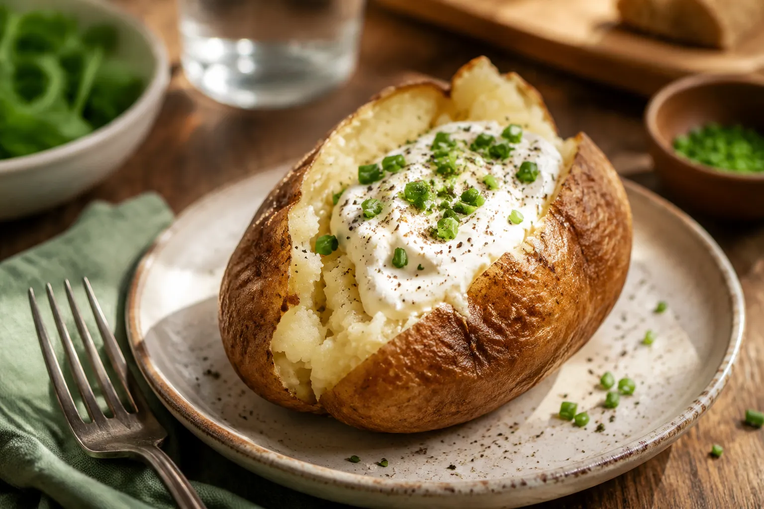 crème fraîche served on a baked potato with chives