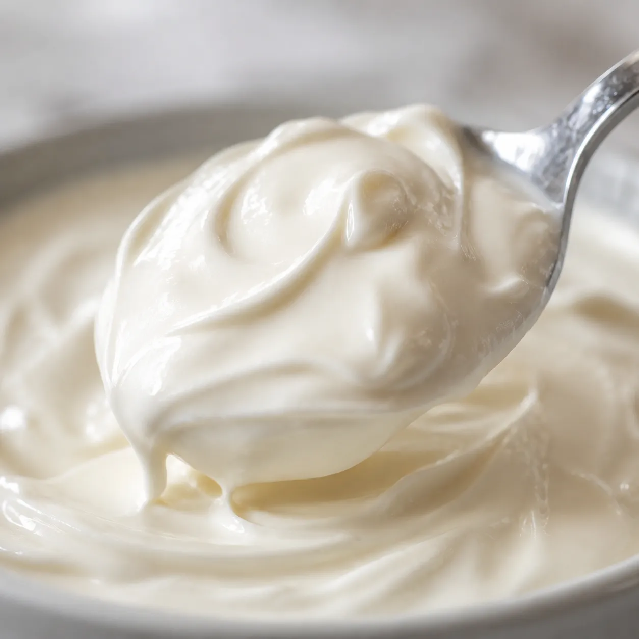 thick homemade crème fraîche texture on a spoon