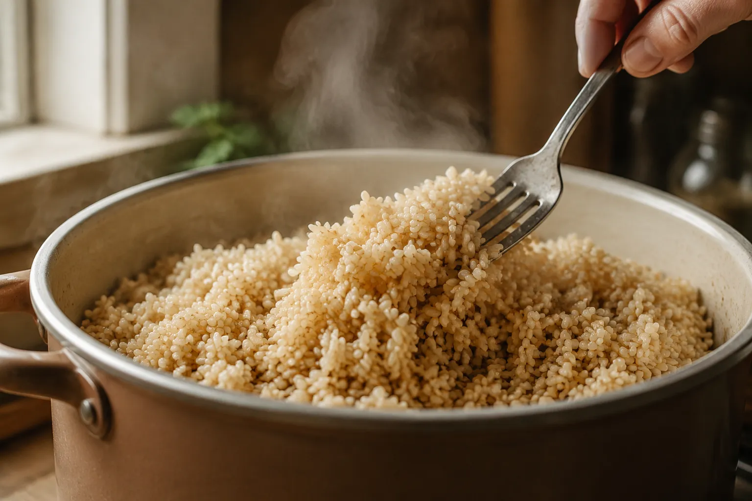 Fluffing cooked brown rice with a fork