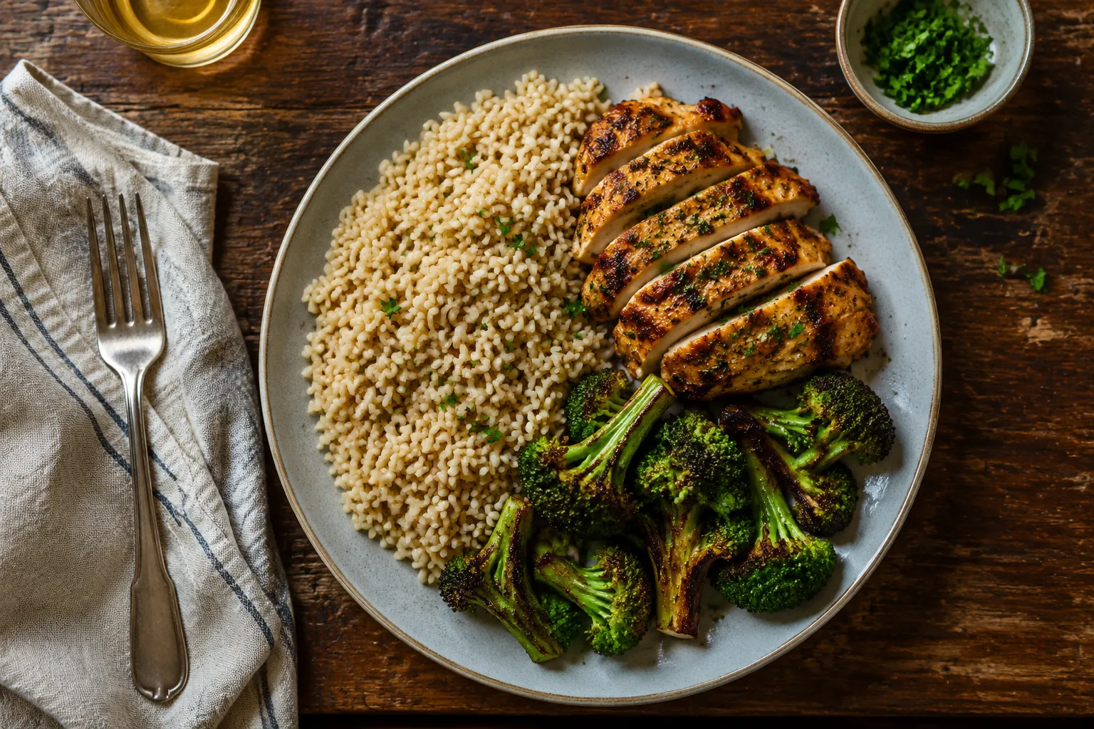 Brown rice served with grilled chicken and vegetables