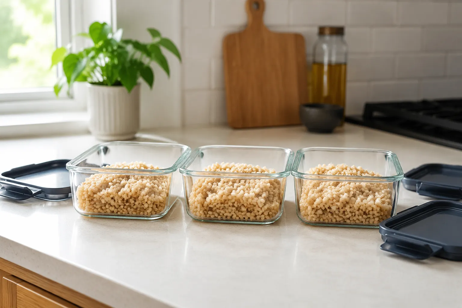 Cooked brown rice stored in meal prep containers