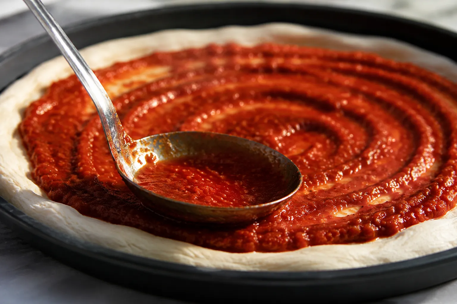 Spreading pizza sauce on dough in a baking pan
