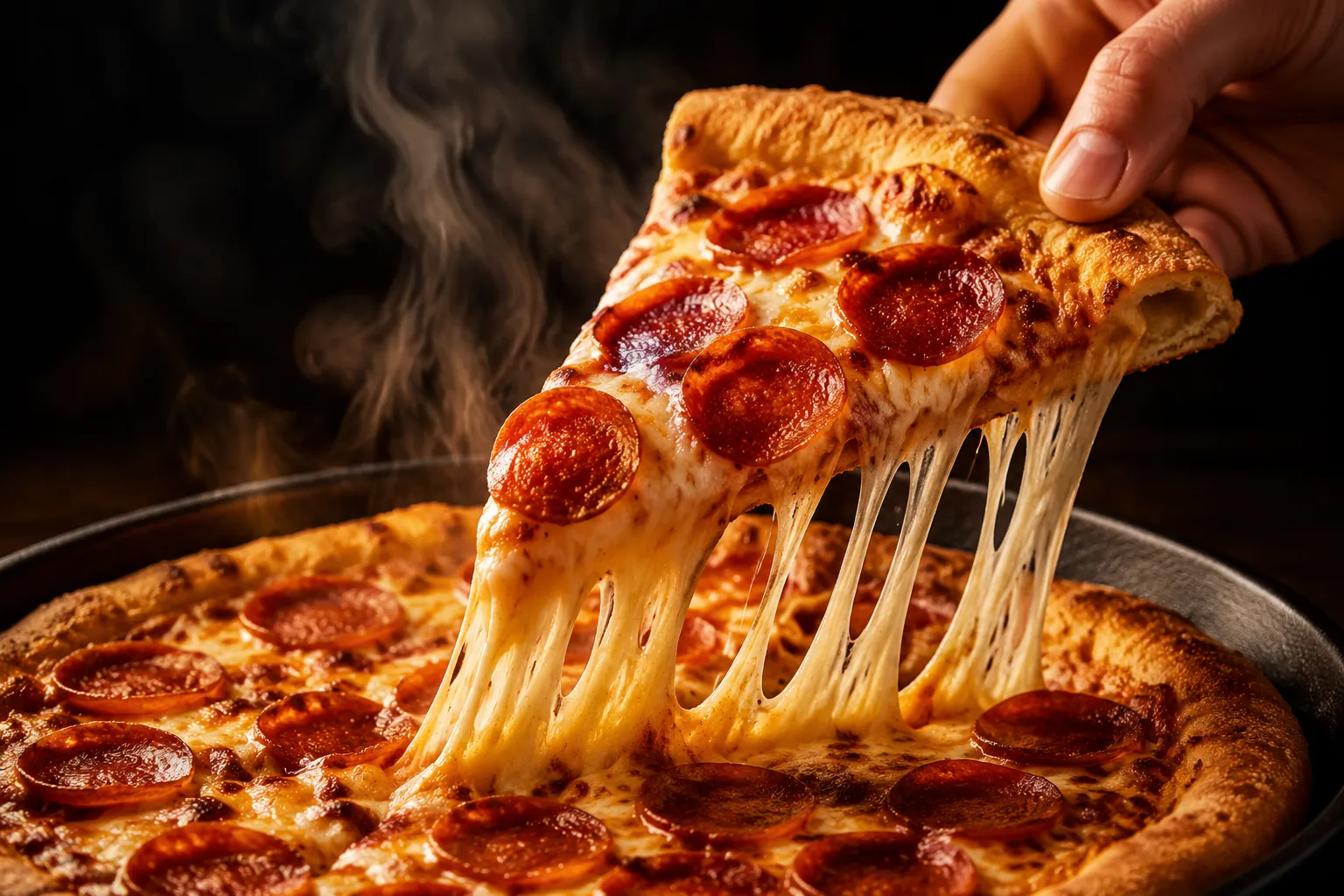 Cheese pull from a fresh baked copycat little caesars pizza