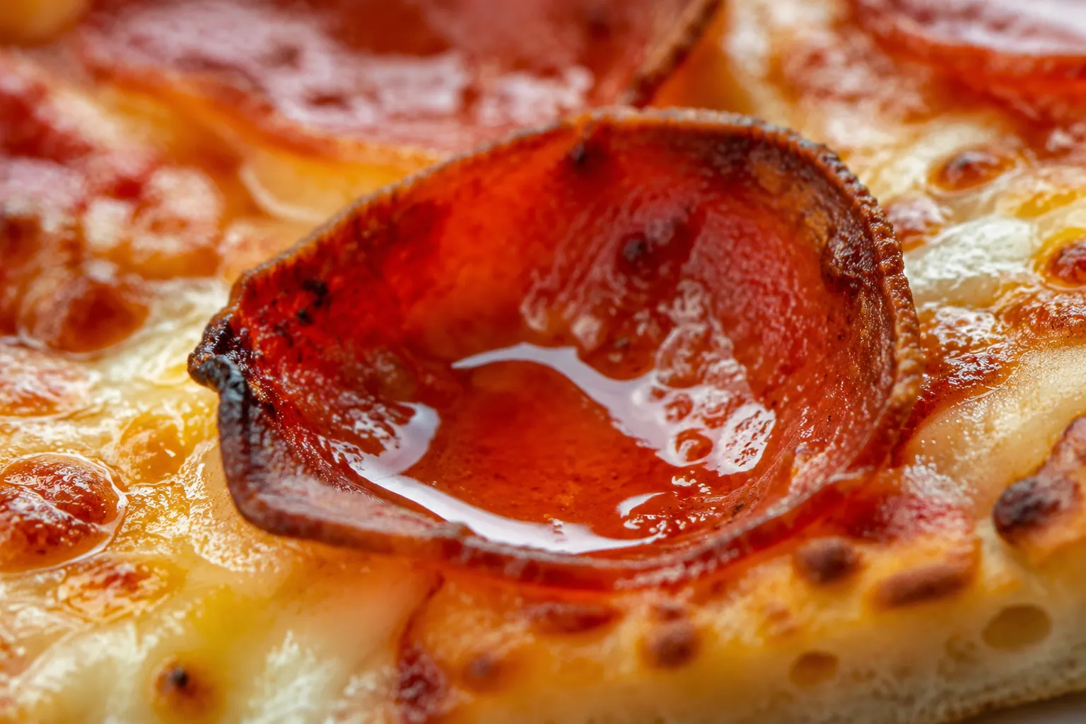 Macro close up of perfectly baked pepperoni and melted cheese