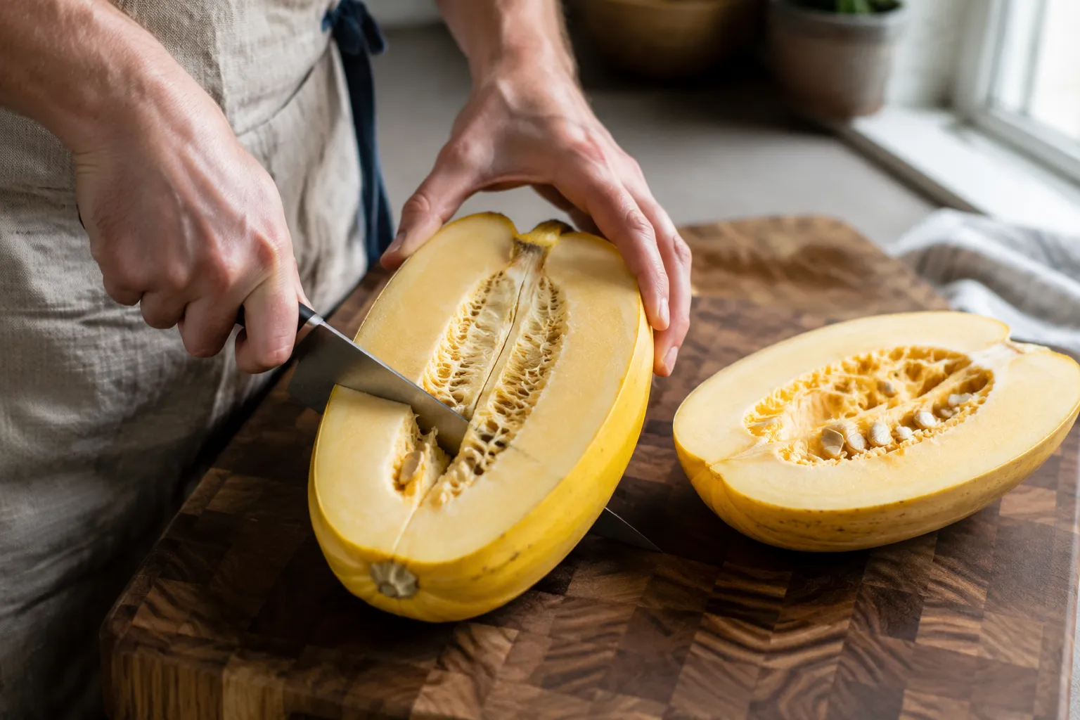 Cutting spaghetti marrow in half lengthwise before roasting