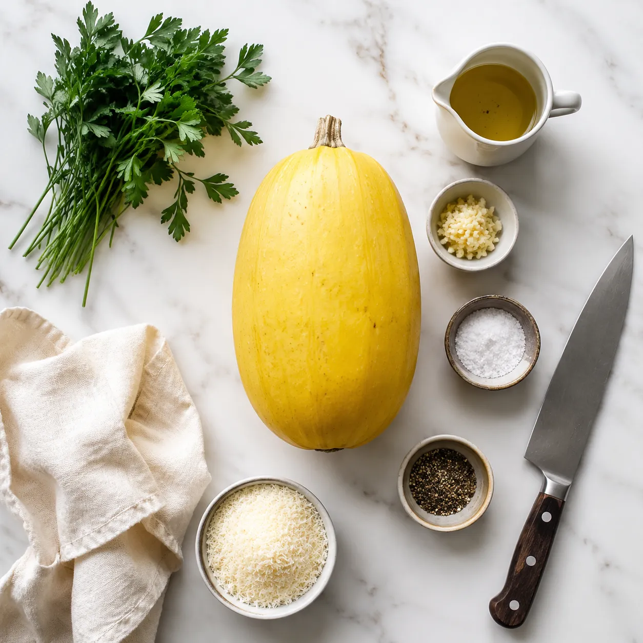 Spaghetti marrow recipe ingredients flatlay with garlic, olive oil, and Parmesan