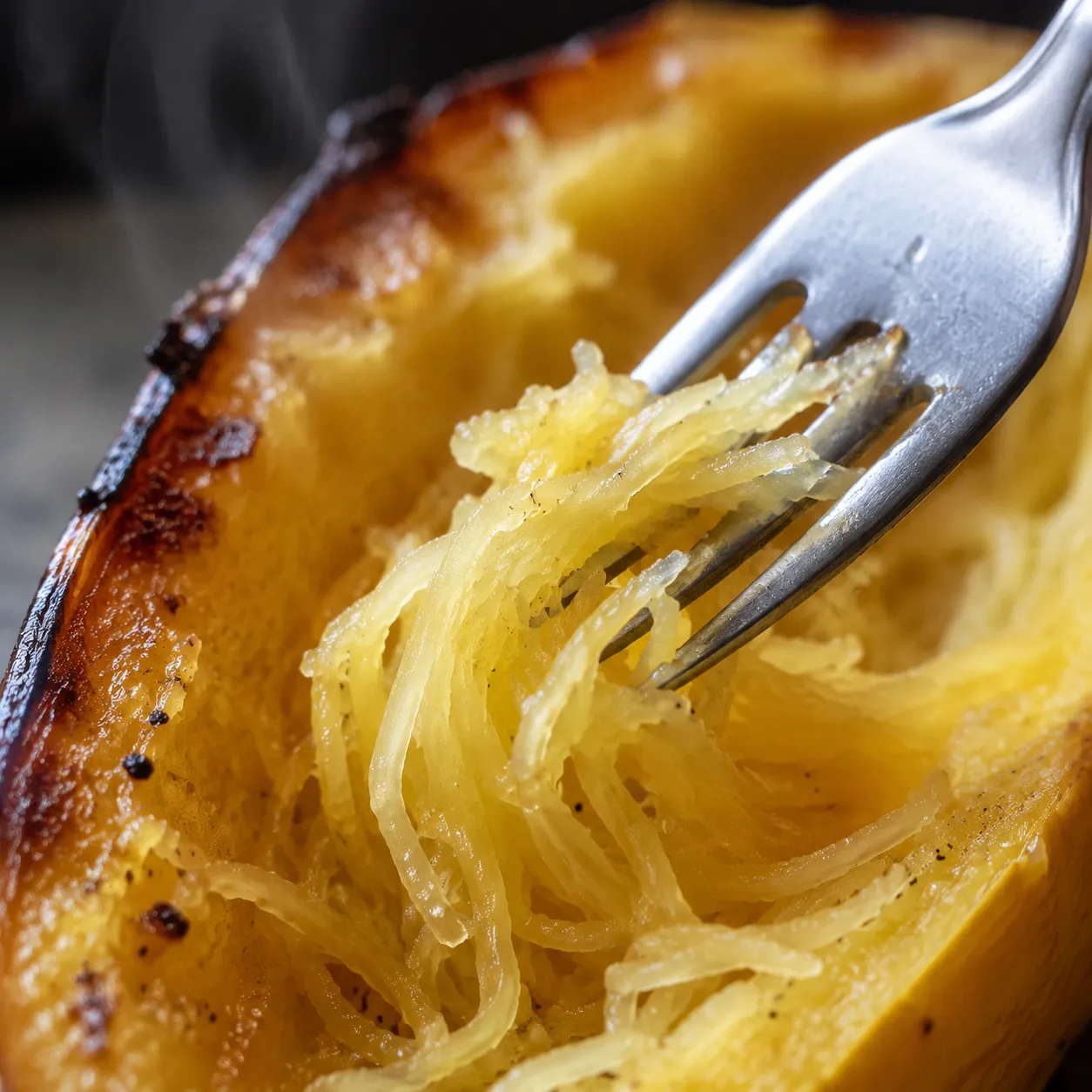 Fork shredding roasted spaghetti marrow into noodle-like strands