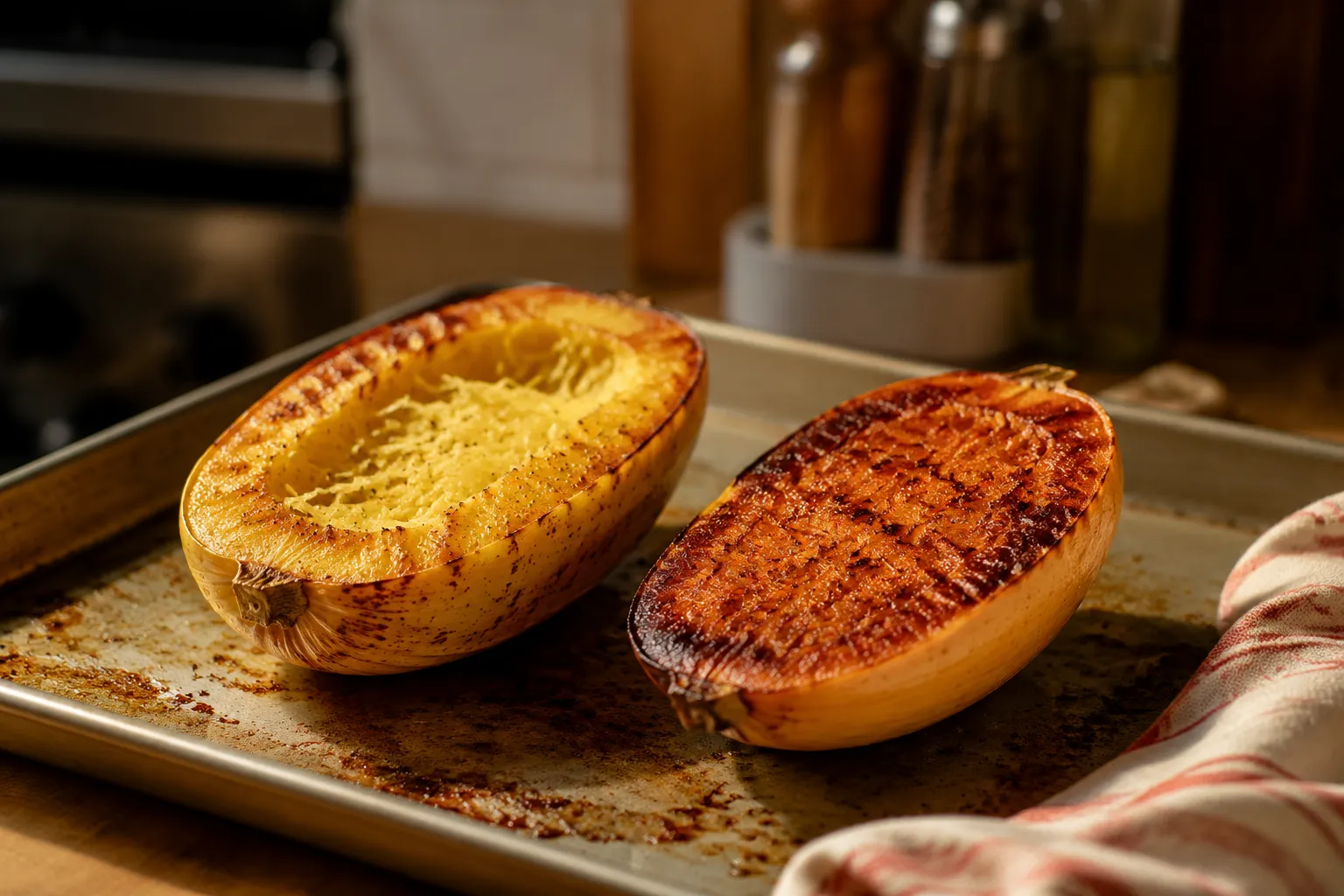 Caramelized roasted spaghetti marrow halves with golden cut sides