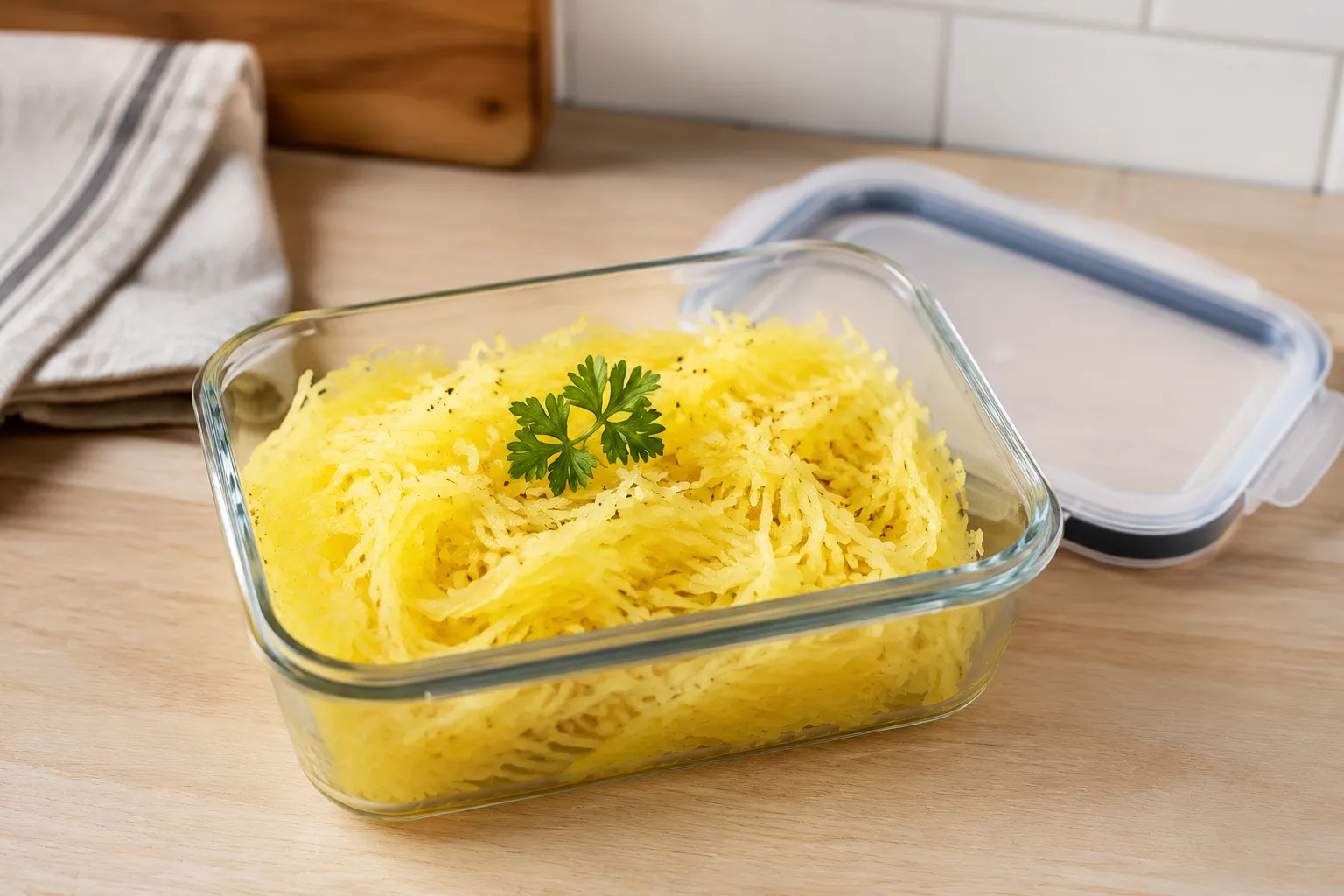 Cooked spaghetti marrow stored in a glass meal-prep container
