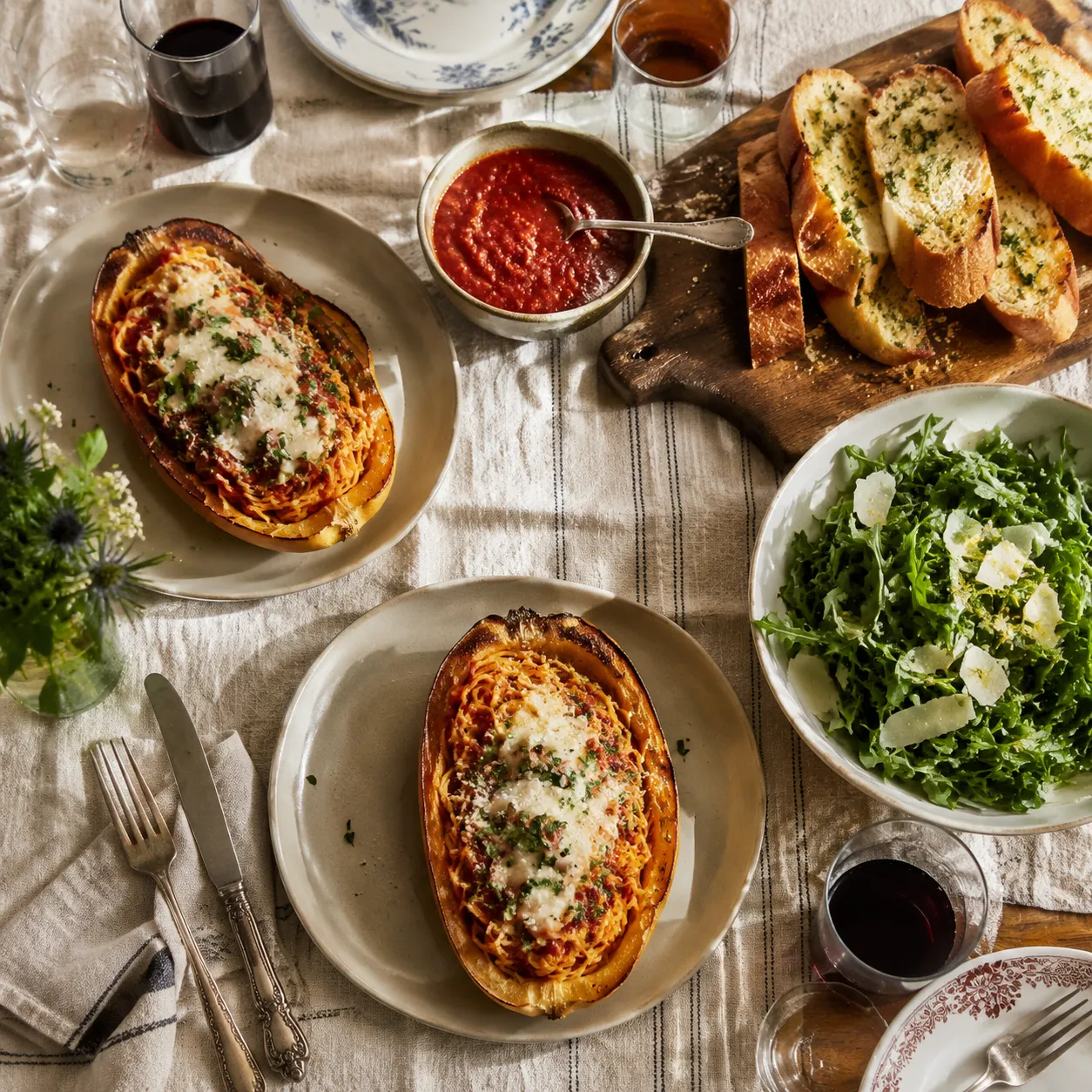Spaghetti marrow dinner spread with garlic bread and salad
