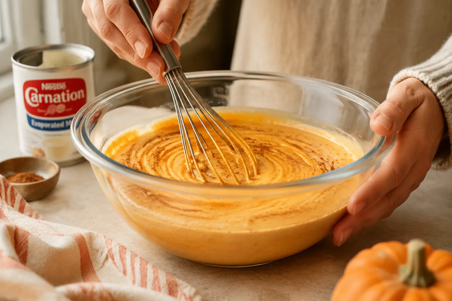 Whisking pumpkin custard base for pumpkin dump cake