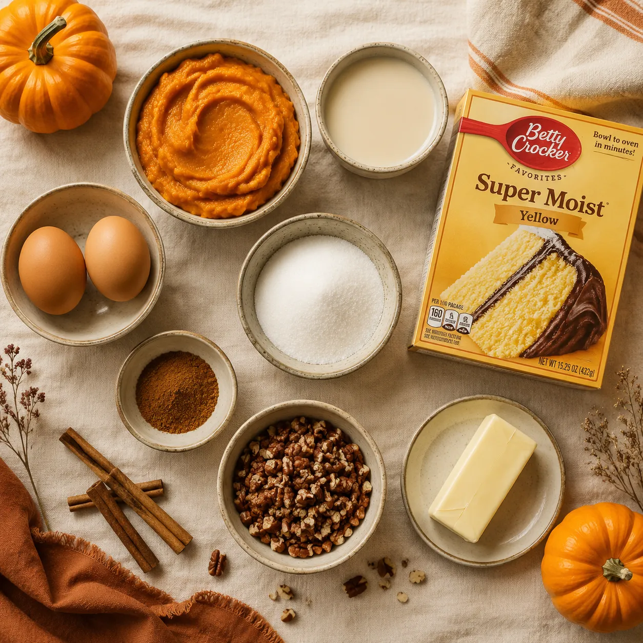 Pumpkin dump cake ingredients flatlay with pumpkin puree, cake mix, and pecans