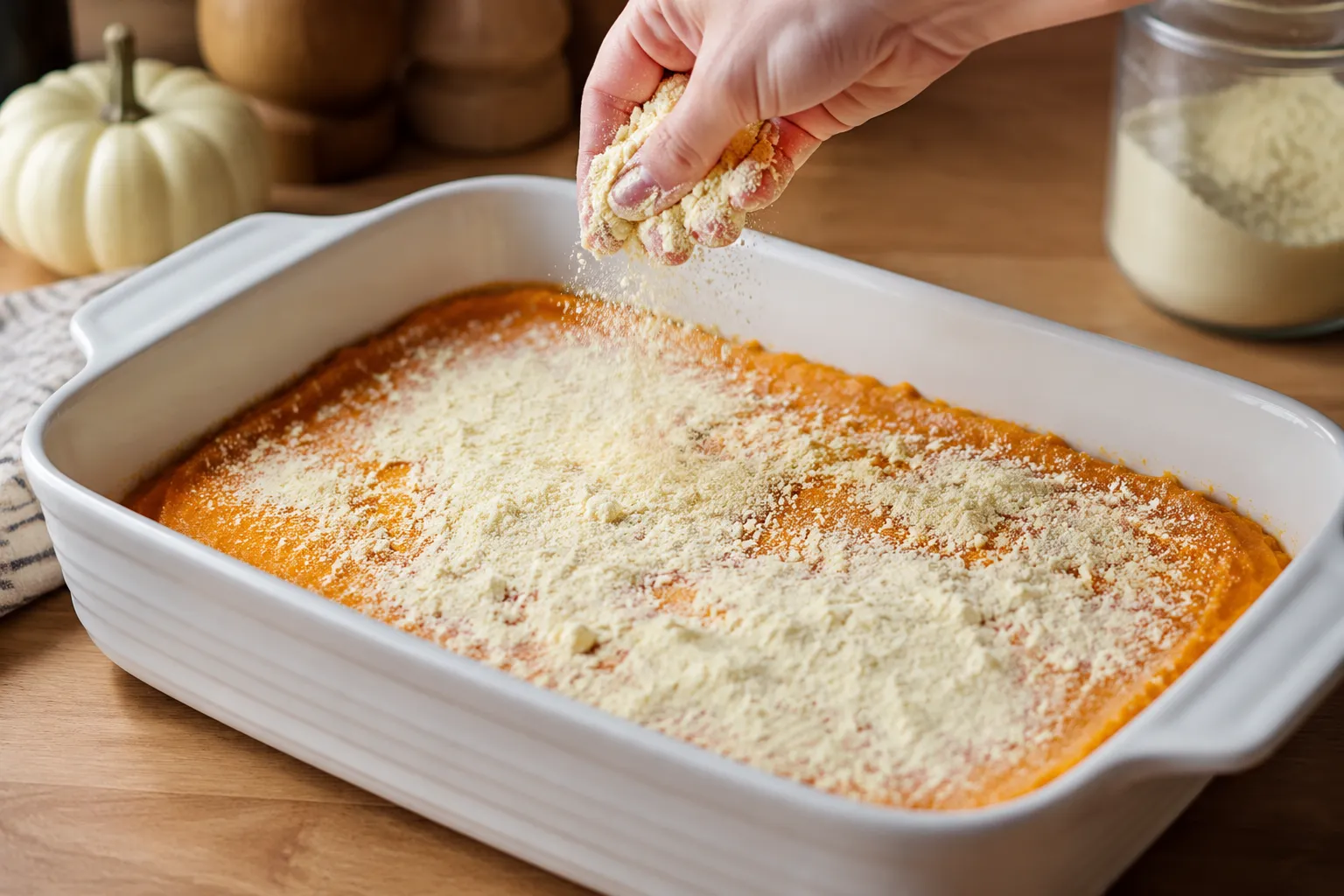 Sprinkling yellow cake mix over pumpkin layer for dump cake