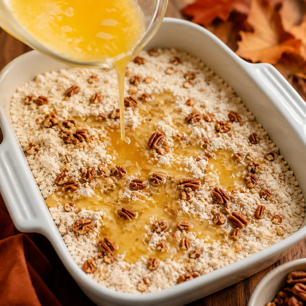 Drizzling melted butter and pecans over pumpkin dump cake before baking