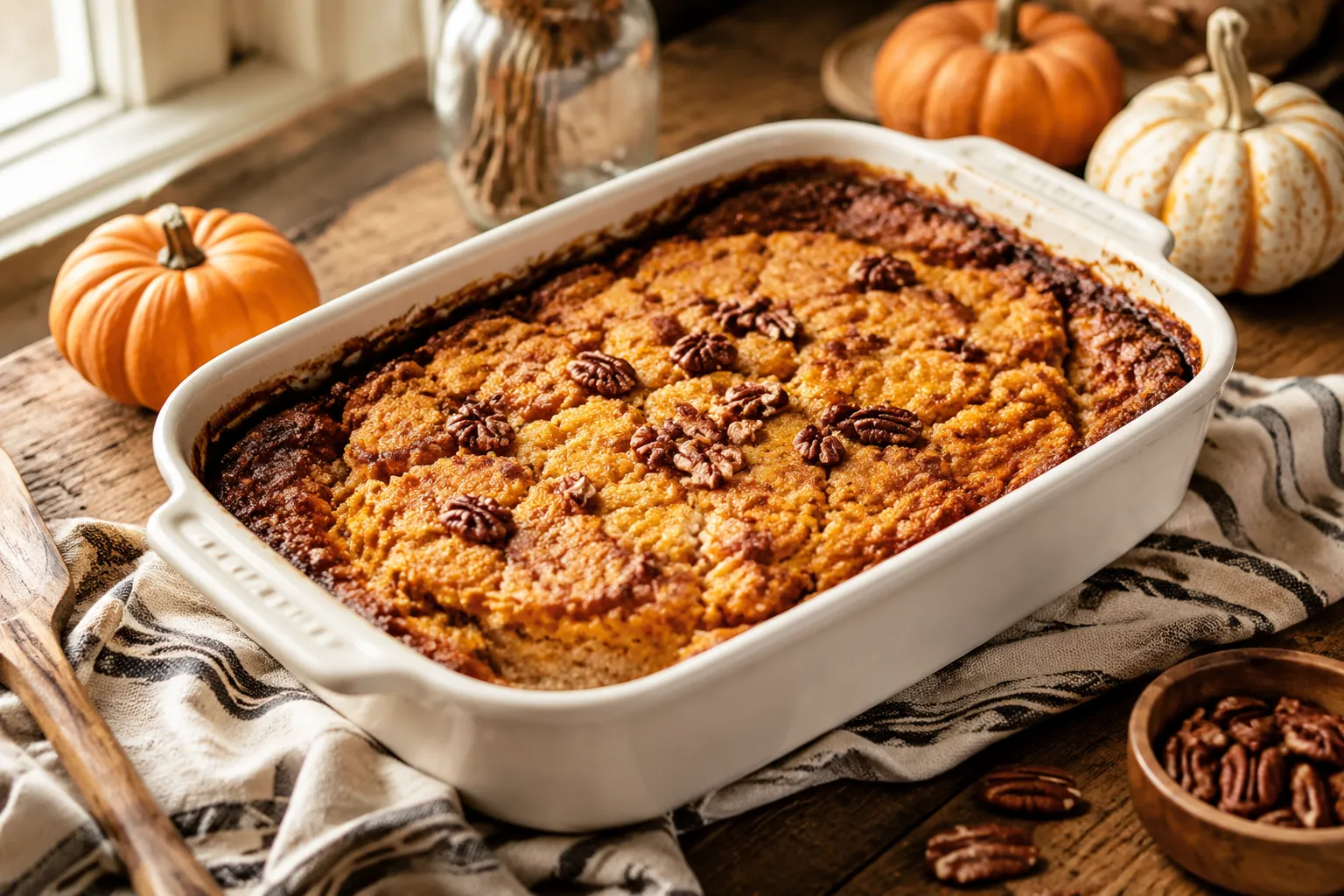 Freshly baked pumpkin dump cake in a 9x13 dish with golden pecan topping