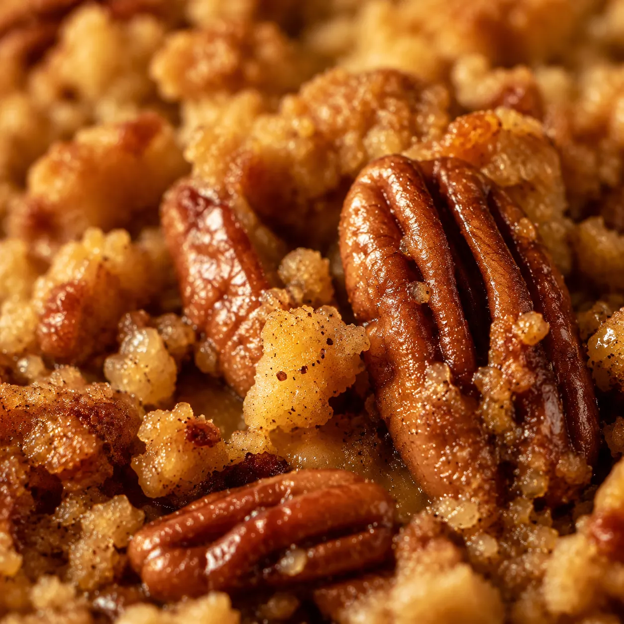 Close-up of buttery pecan streusel topping on pumpkin dump cake