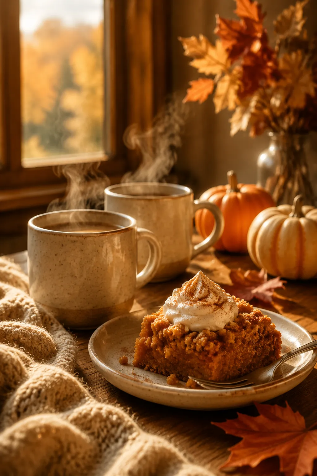 Cozy fall serving of pumpkin spice cake with coffee