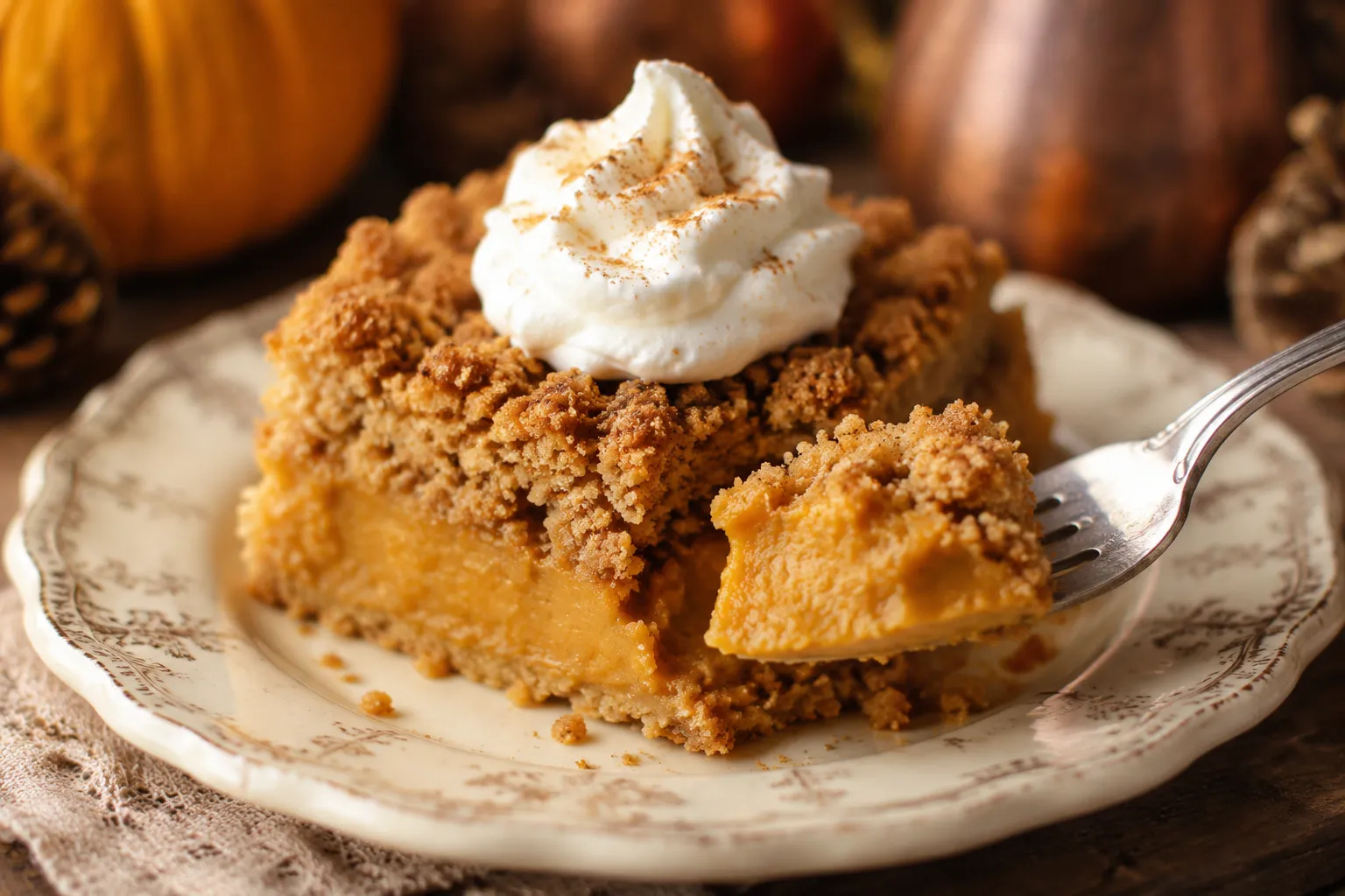 Slice of pumpkin dump cake recipe with whipped cream on a plate