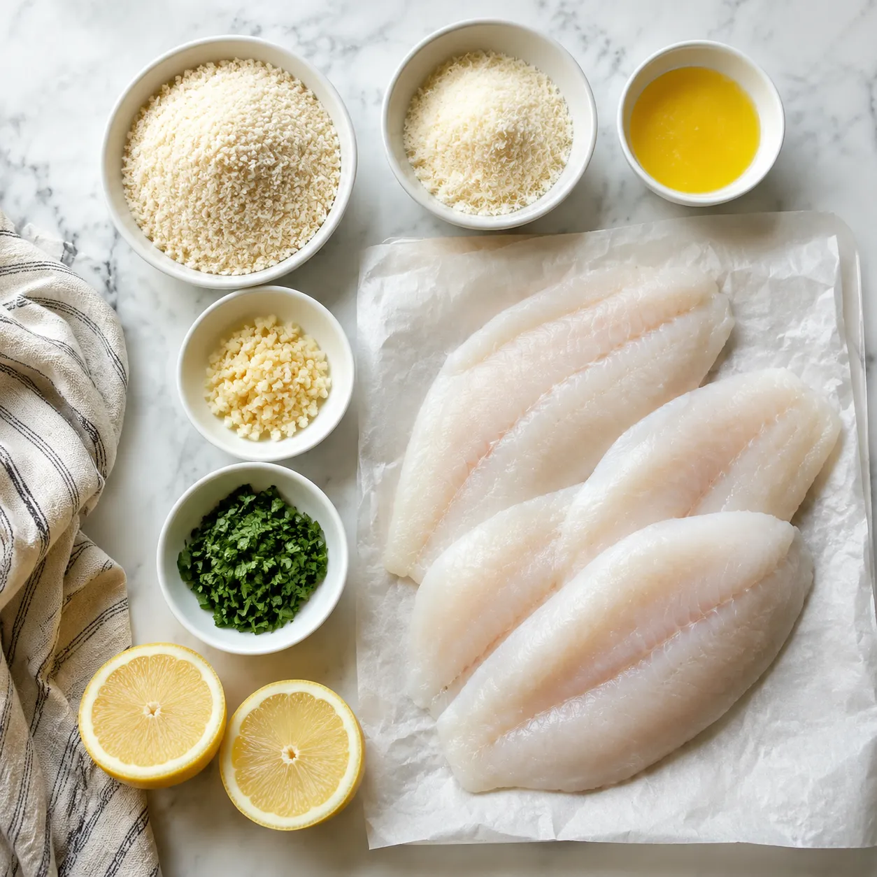 Flounder recipe ingredients including fillets, panko, parmesan, and lemon