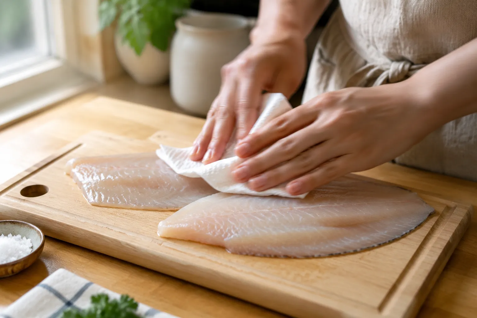 Patting flounder fillets dry before seasoning for baked flounder recipe