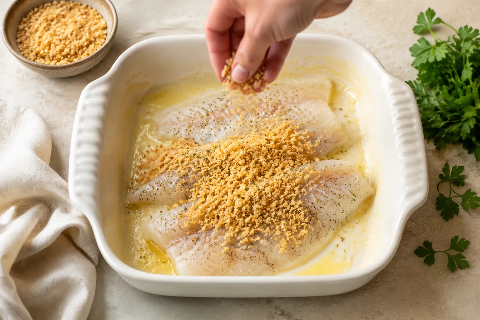 Topping flounder fillets with panko and parmesan crust