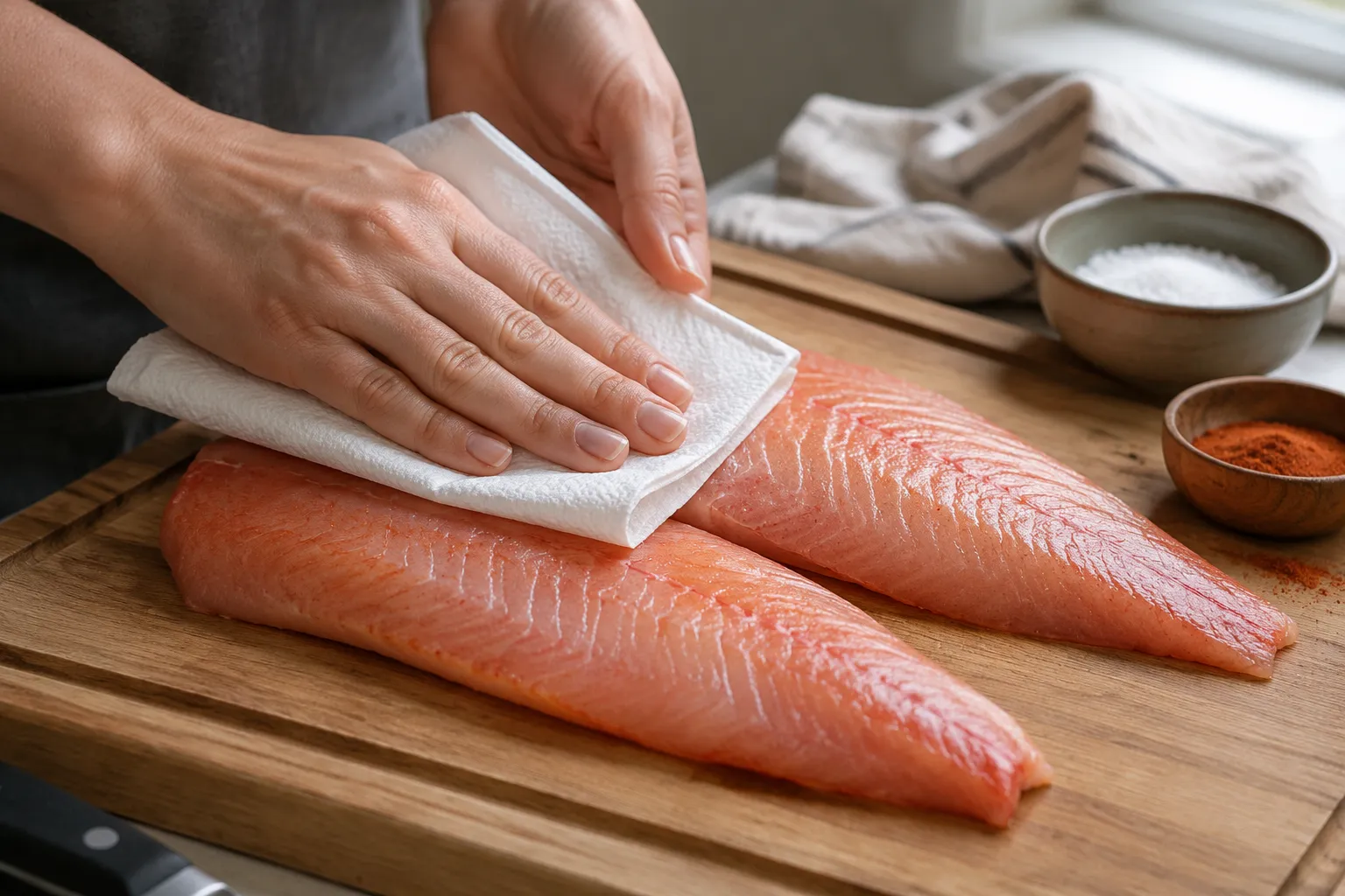 Patting orange roughy fillets dry before seasoning and searing