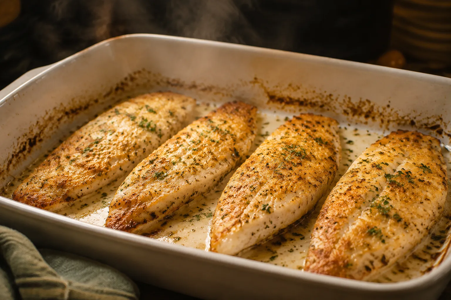 Baked flounder recipe fresh from the oven with golden panko crust