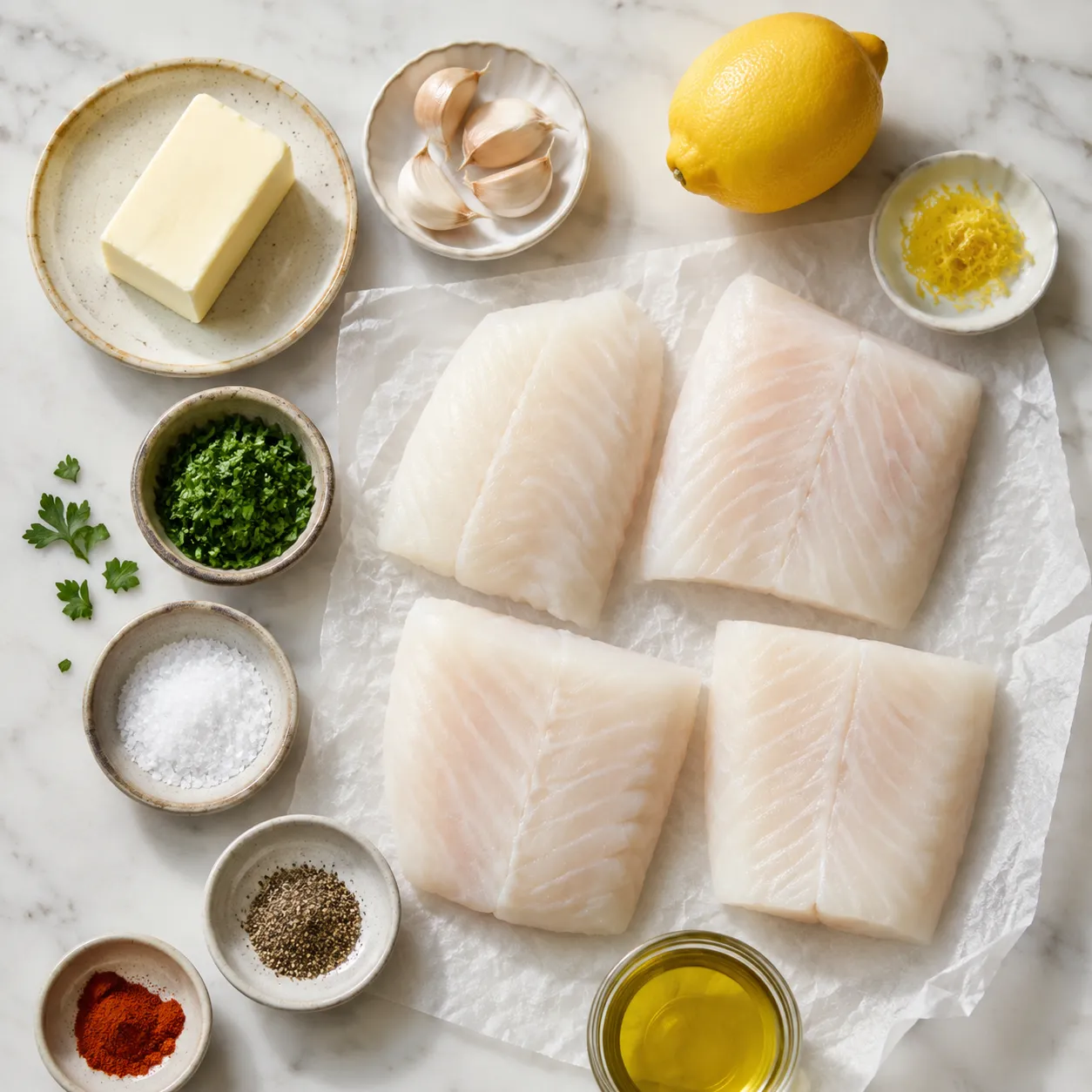 Orange roughy recipe ingredients flatlay with butter, lemon, garlic, and parsley