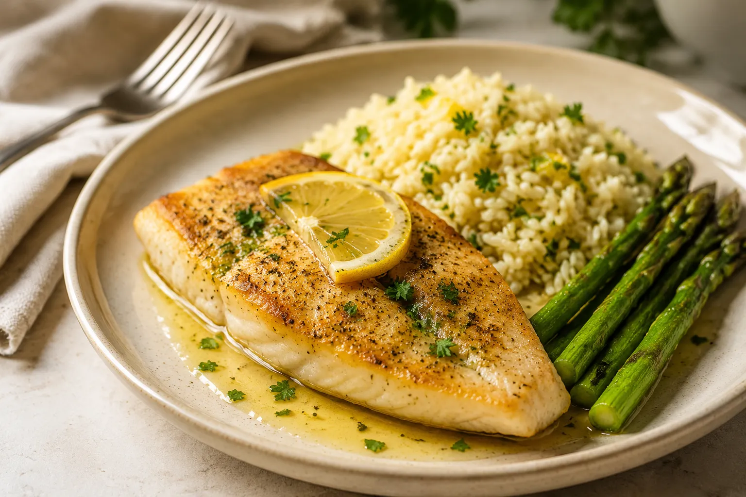 Plated flounder recipe served with rice pilaf and asparagus