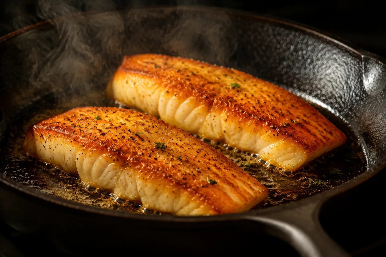Pan-searing orange roughy fillets in cast-iron skillet for golden crust