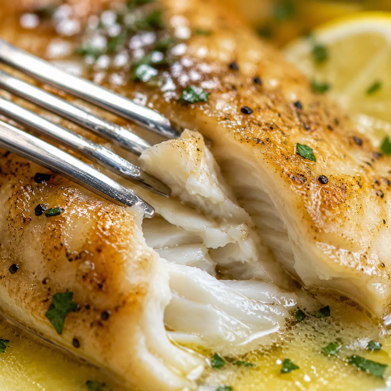 Close-up of flaky flounder showing tender white flakes