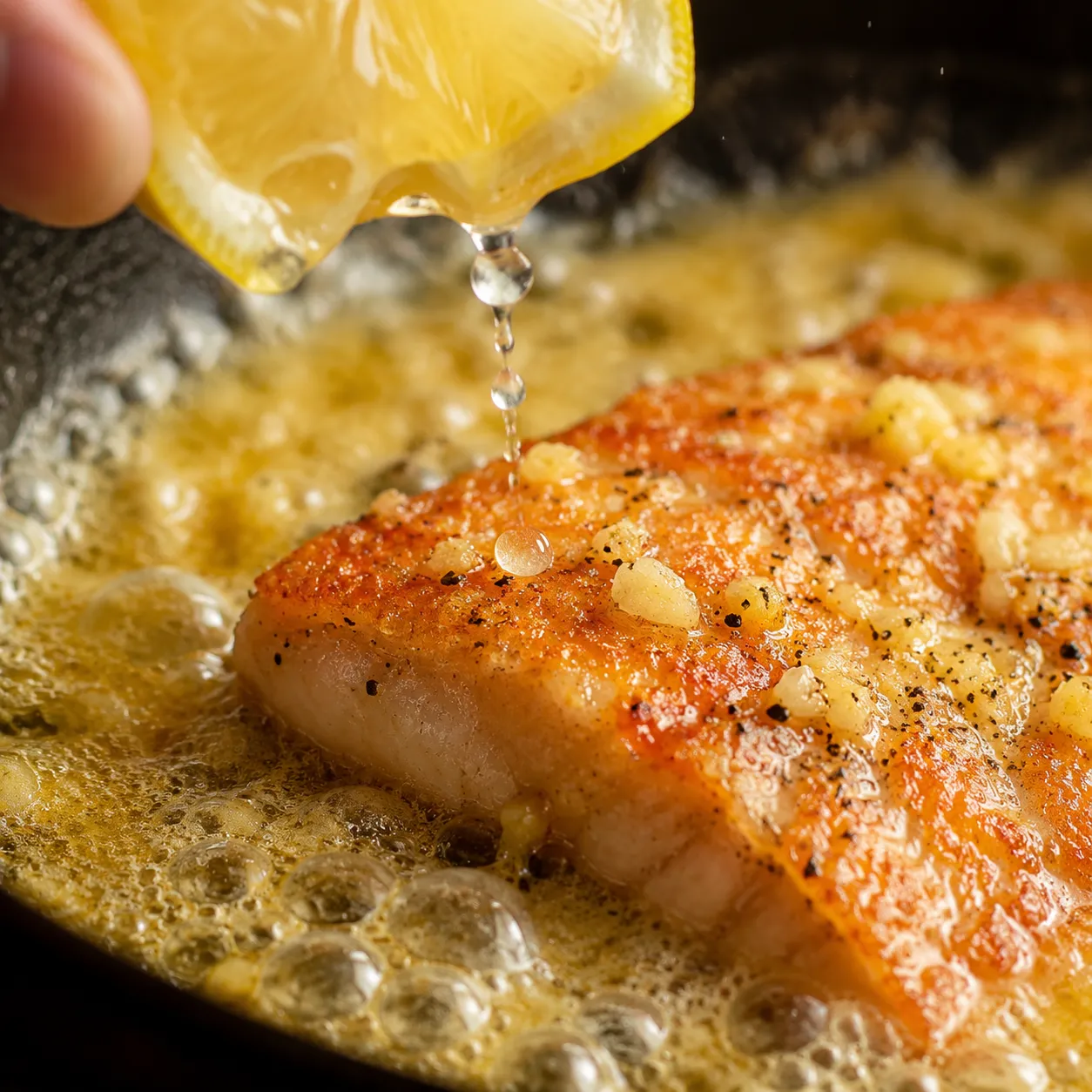 Building lemon butter pan sauce for orange roughy with garlic and fresh lemon