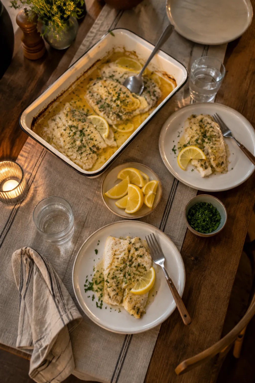 Flounder recipe served family-style with sides on a dinner table