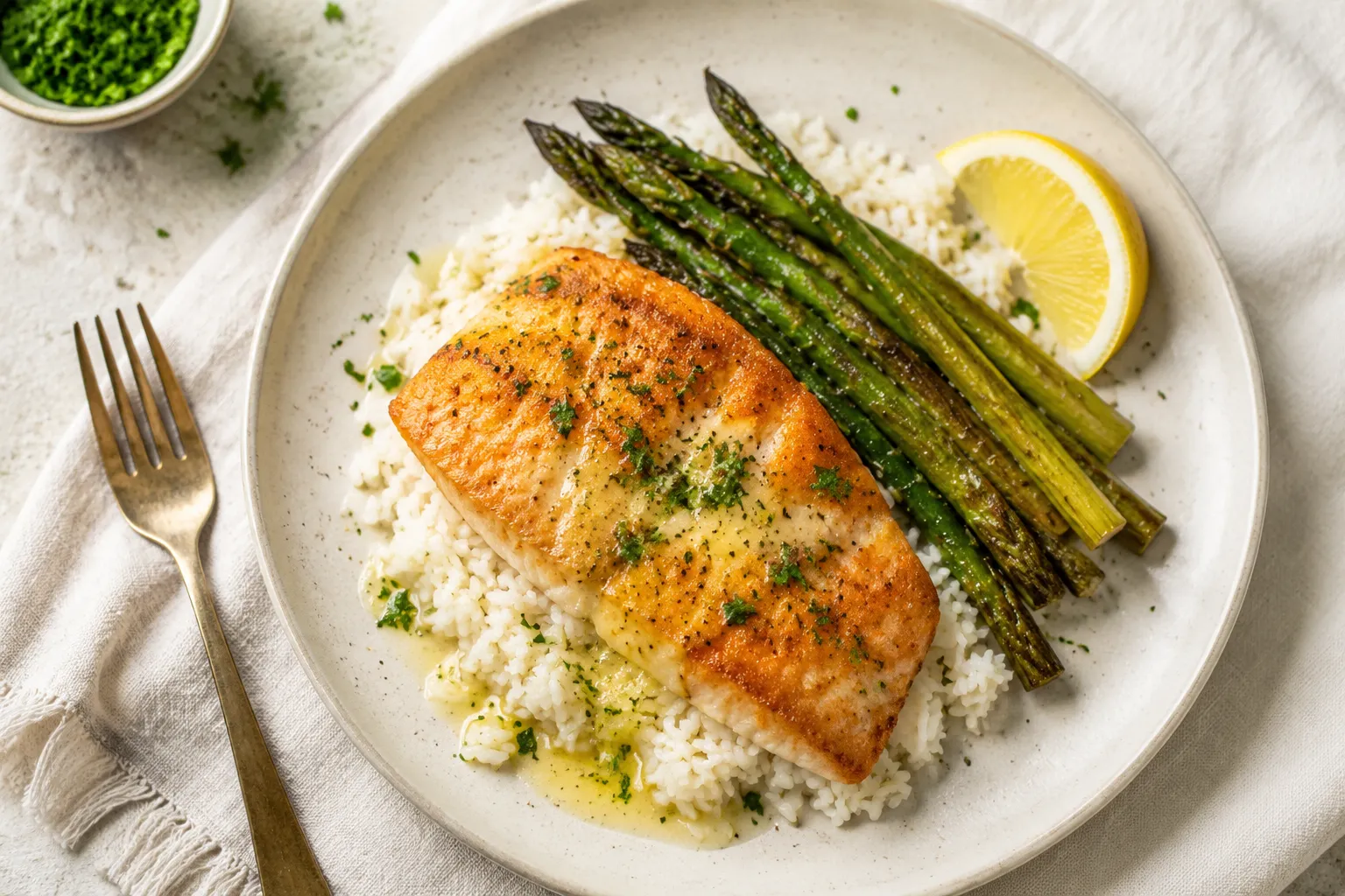 Plated orange roughy recipe with rice, asparagus, and lemon butter sauce