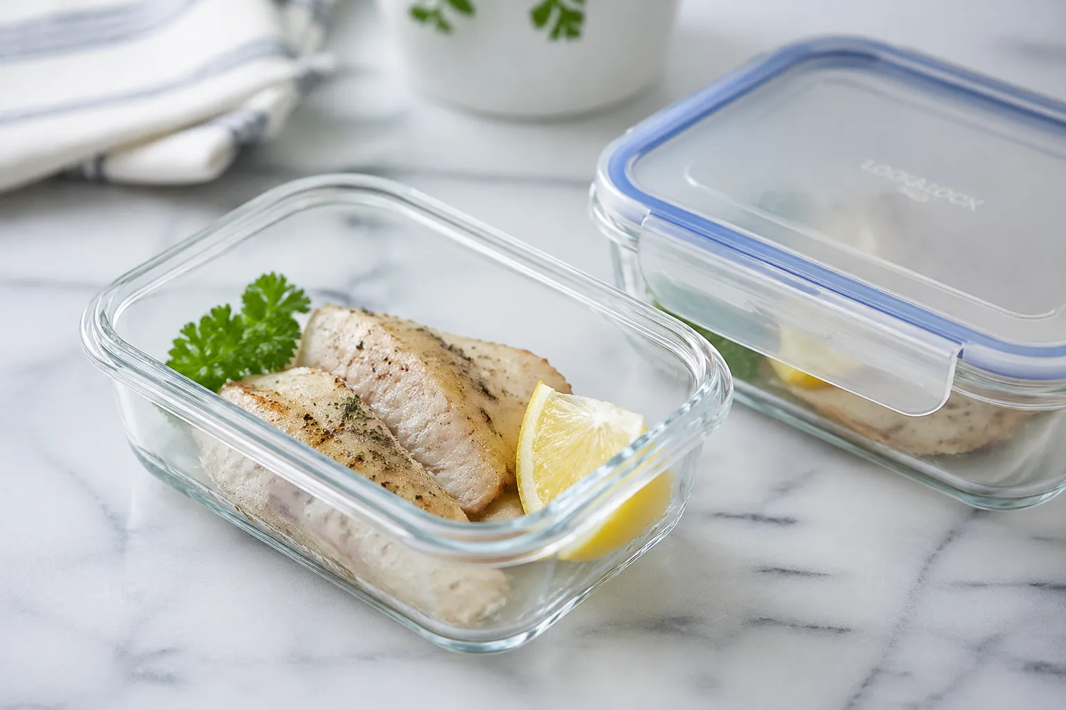 Storing leftover flounder recipe in a glass meal prep container