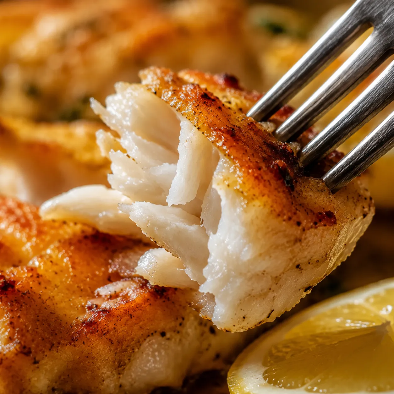 Flaky bite of cooked orange roughy lifted on fork showing tender white flesh
