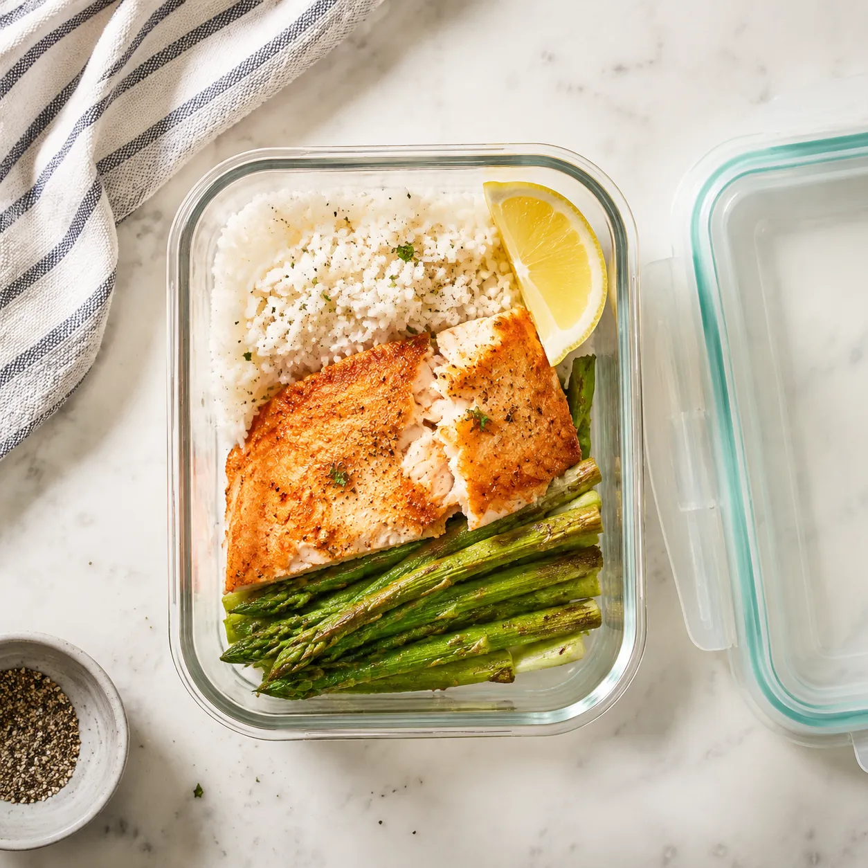 Storing leftover orange roughy in a glass meal-prep container with rice