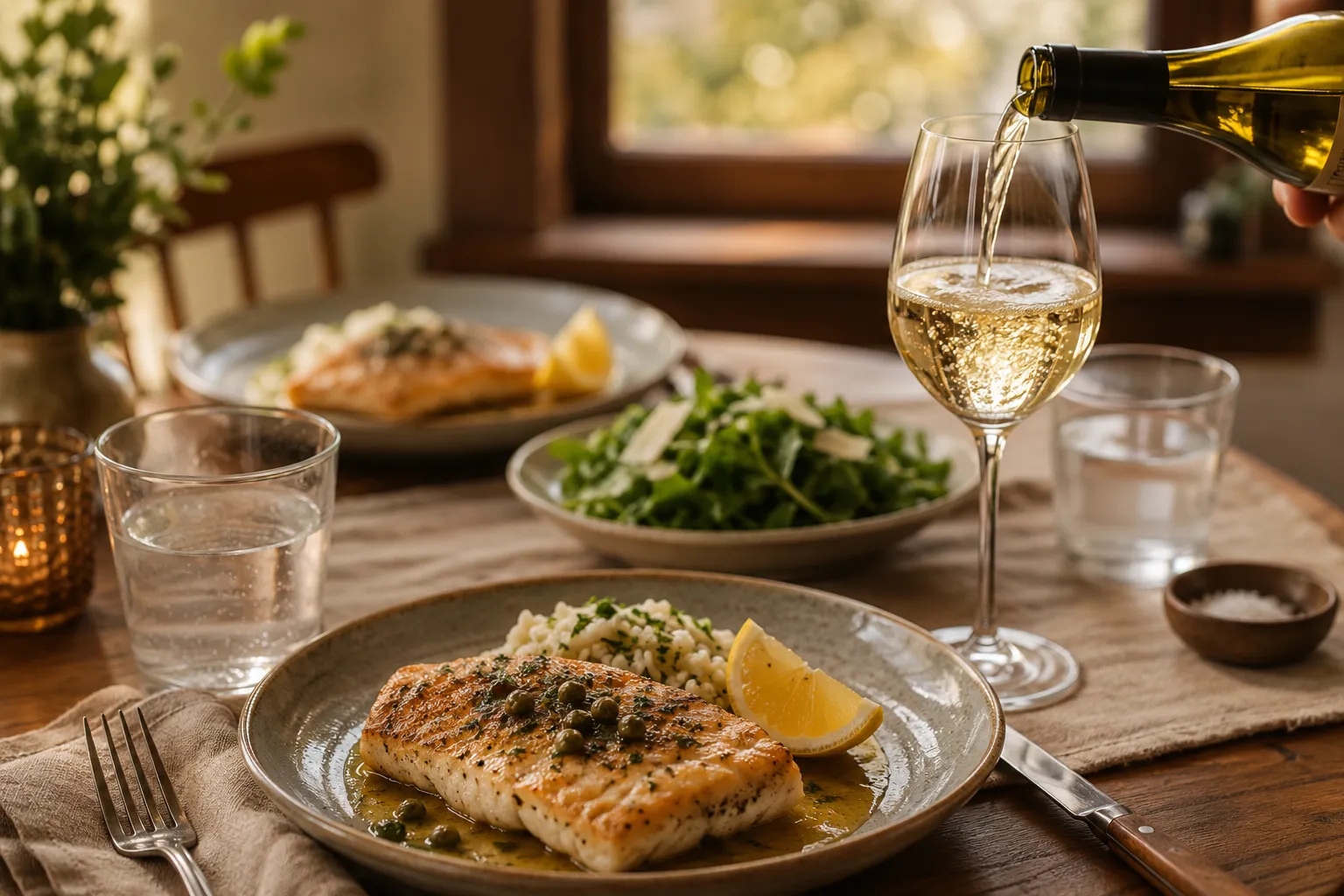 Orange roughy dinner served with wine for an easy weeknight meal