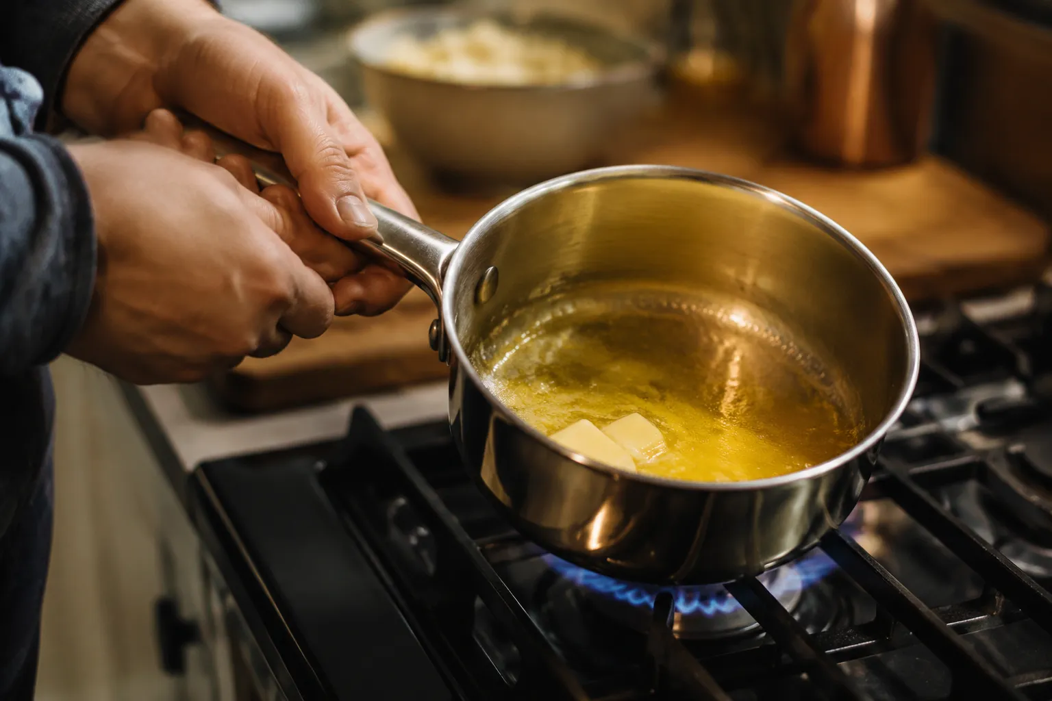 Melting butter in a saucepan, the first step in how to make buffalo sauce.