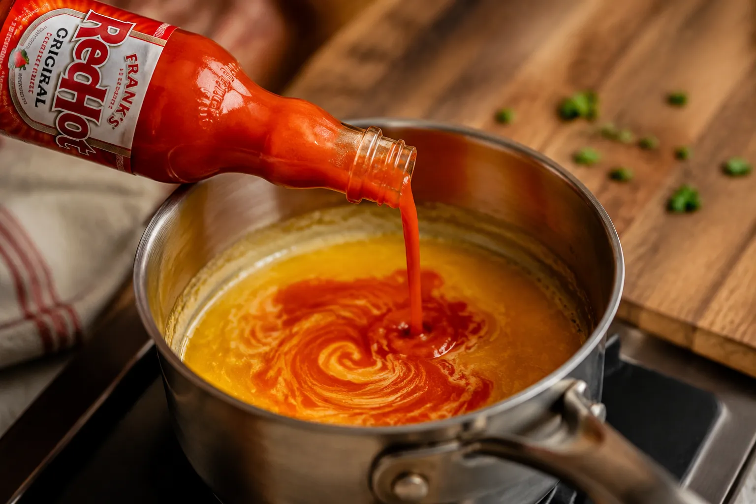 Pouring hot sauce into melted butter to make buffalo wing sauce.