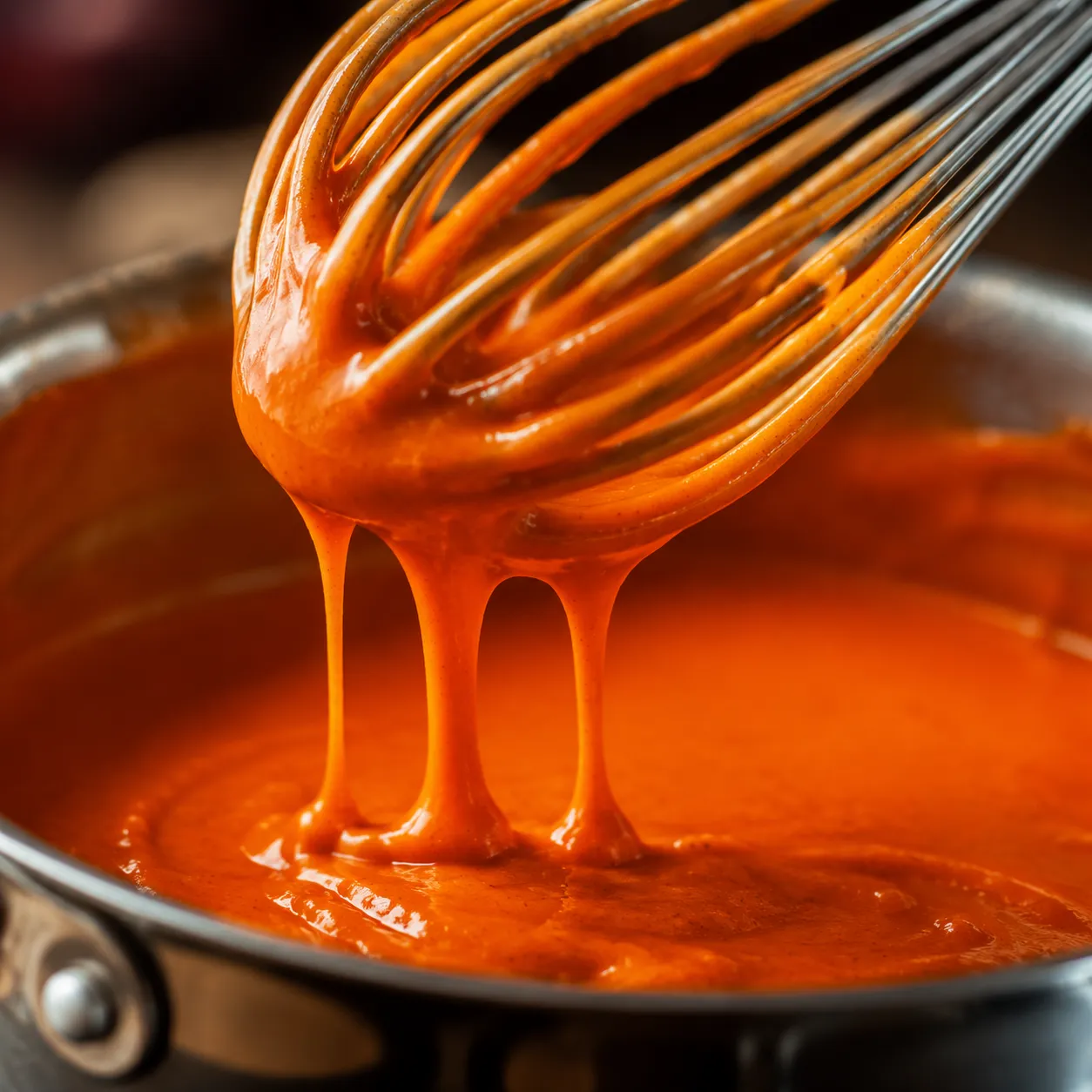 Glossy emulsified buffalo sauce dripping from a whisk in the pan.