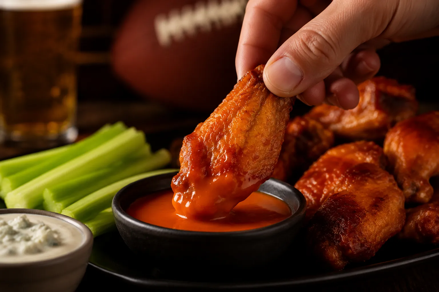 Crispy chicken wing being dipped into buffalo sauce with celery and blue cheese.
