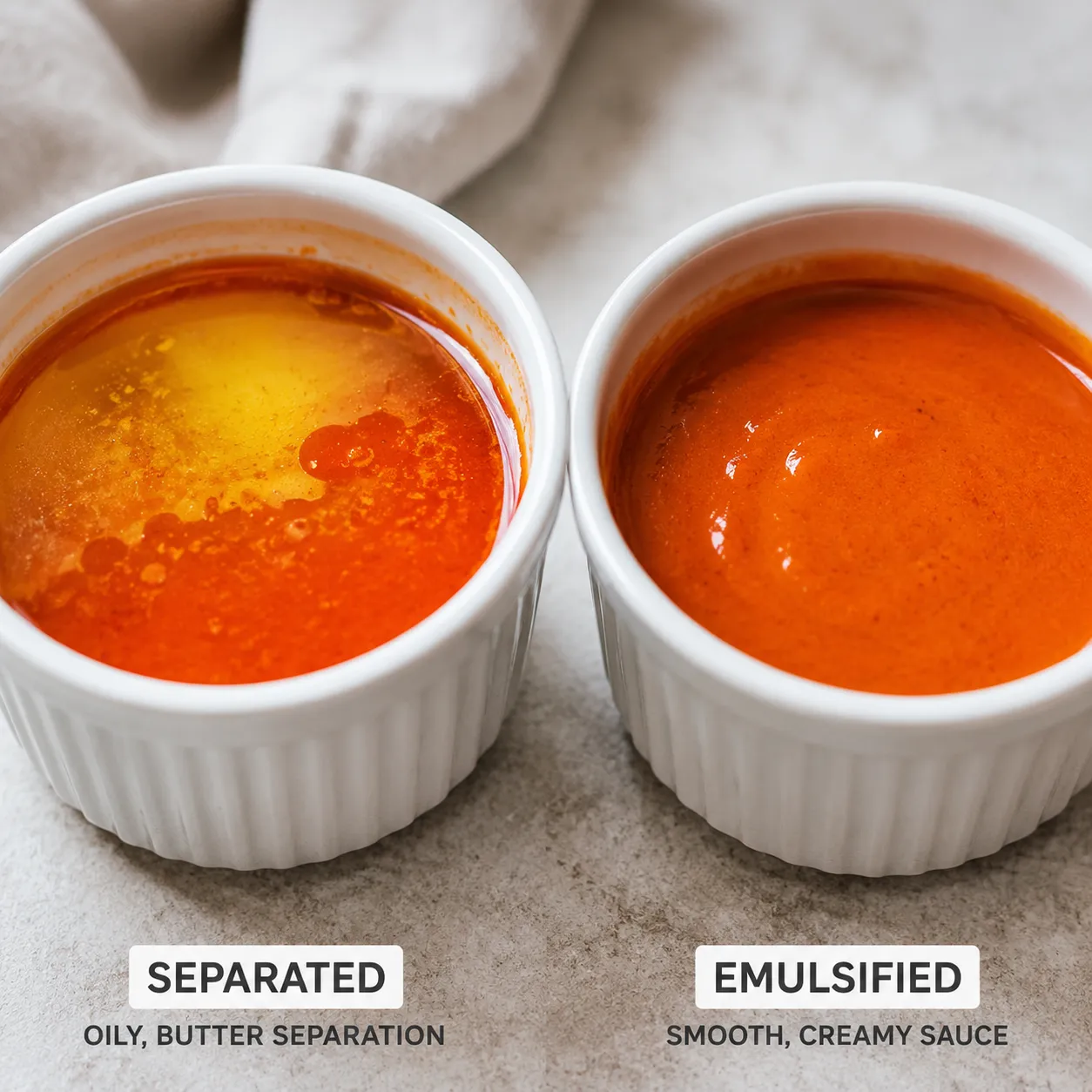 Comparison of broken versus properly emulsified buffalo sauce.